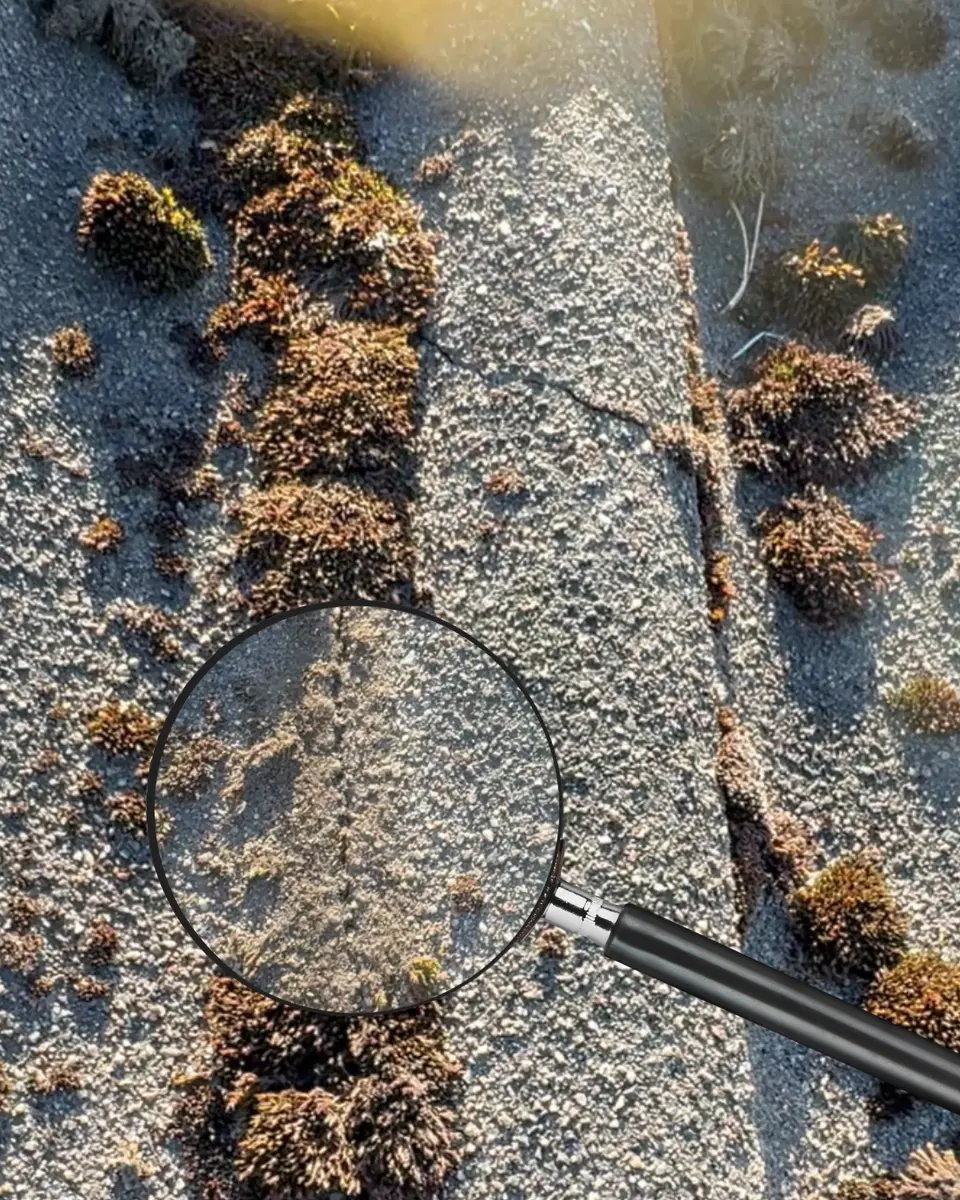 Takpanna med mossa där en cirkel visar spricka som kan döljas under mossan